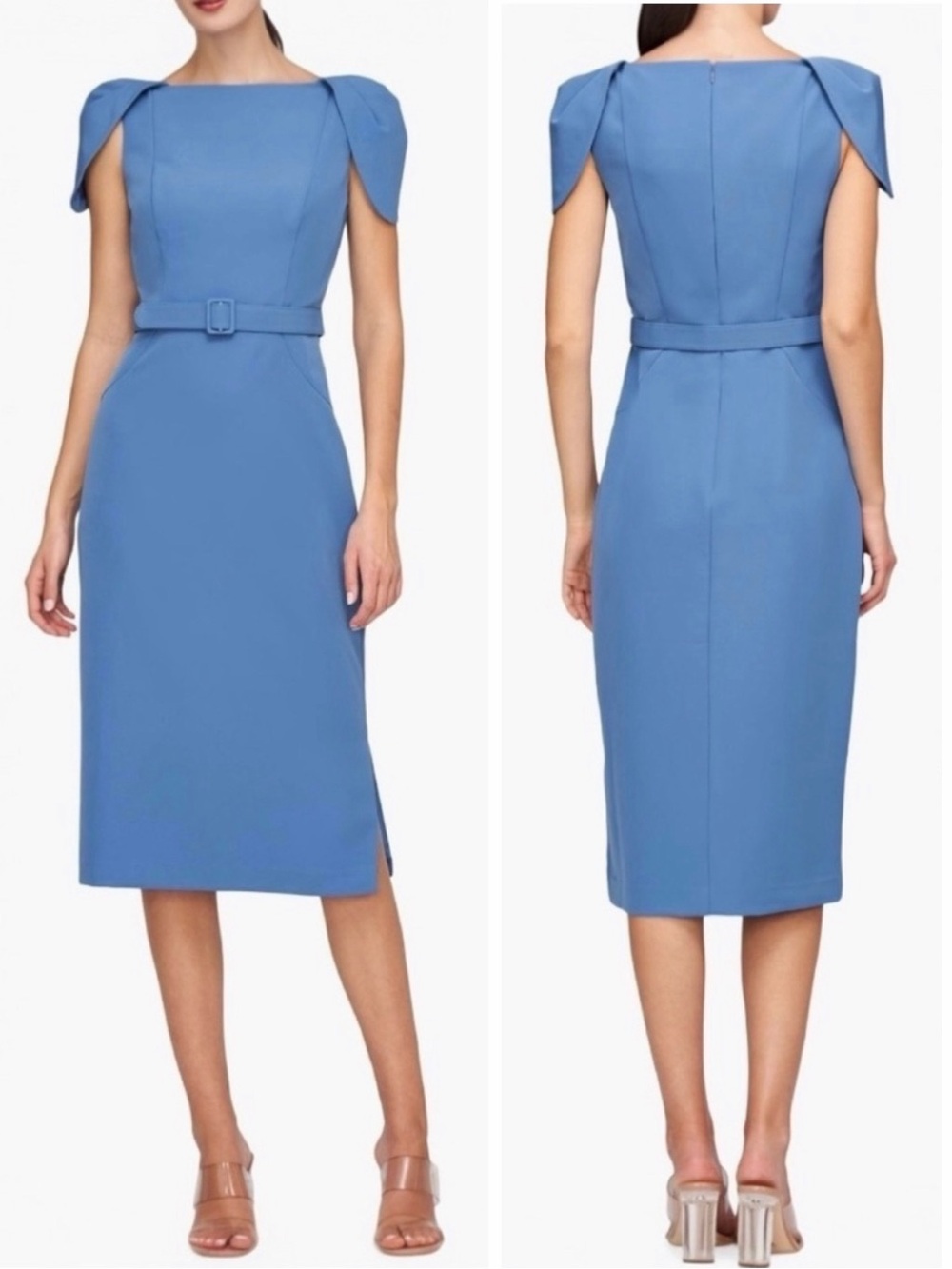 Kay Unger Ivette Cape Sleeve Sheath Belted Midi Dress Size 6 NEW